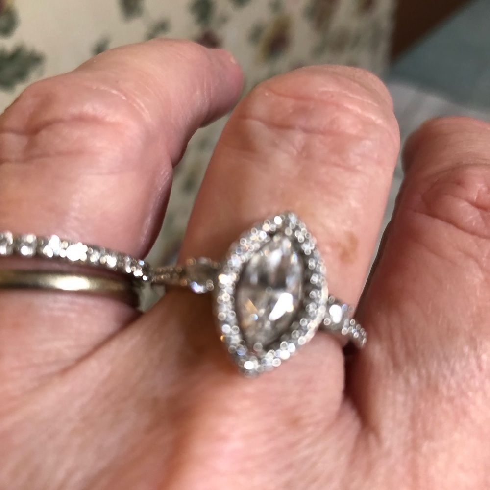 Diamonique 1.85 cttw. Marquise Platinum Plated Halo Ring Sz 10 - Picture 7 of 13